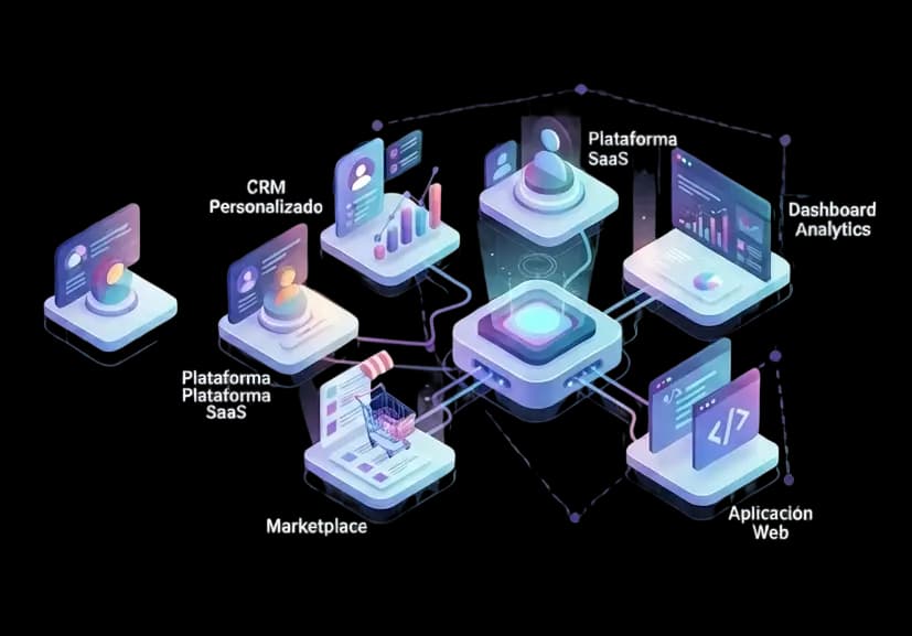 Ejemplos de soluciones que construimos: CRM, plataforma SaaS, dashboard analítico, marketplace y aplicación web